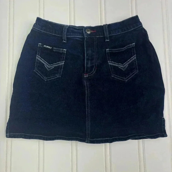 Fubu The Collection y2k 90s Denim Mini Skirt 7/8 Dark Wash Skater Pockets grunge - Picture 1 of 11
